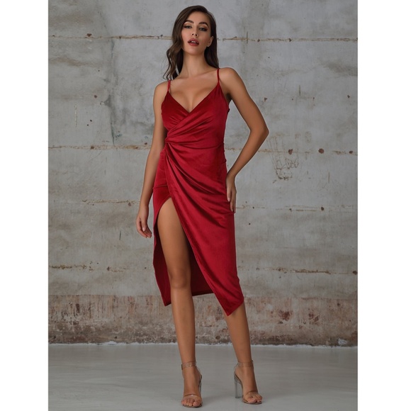 Red Velvet Wrap Cami High Slit Asymmetric Dress - Picture 6 of 13
